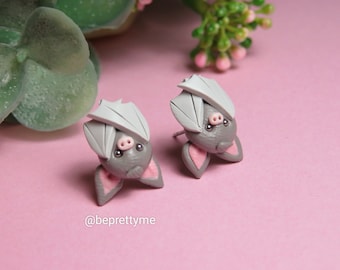 Cute Bat Stud Earrings. Hand Sculpted Wearable Art. Polymer Clay.