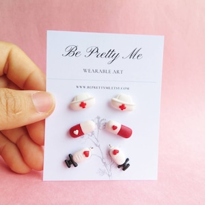 Nurses/ Medical Stud Earrings. Nurse's Hat/ Heart Pills/ Heart Syringes. Polymer Clay. Price for a Pair. Special Thank You Gift for Nurses.
