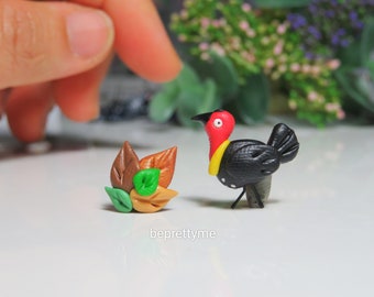 Bush Turkey and Pile of Leaves Stud Earrings. Fun and Gorgeous Little Handmade Wearable Art. Polymer clay. Stainless Steel Studs