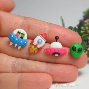 Alien and Spaceship Earrings. Comes in a Single Stud. Spooky Jewellery. Hand Sculpted Wearable Art. Polymer Clay.