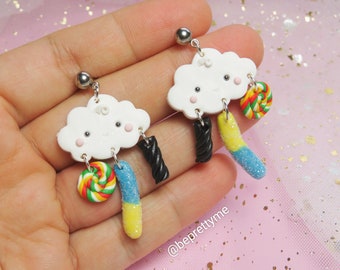 Sweet Candy Cloud Dangle Earrings. Pride Month. Polymer clay jewellery. Gift for rainbow girls/ guys. Kawaii cloud baby