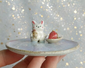 Cute Strawberry Bunny Ceramic Trinket Dish. Incense Dish. Handmade Pottery. Beautiful Collectibles. Special Gift for Loved Ones