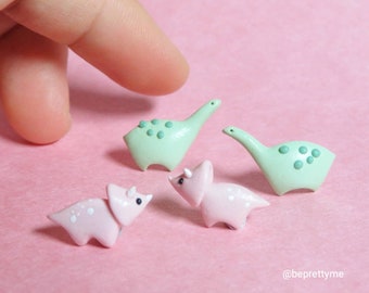 iRoar the Dinosaur stud earrings. Brachiosaurus/ Triceratops studs. Handmade polymer clay jewellery. Cute gift for everyone