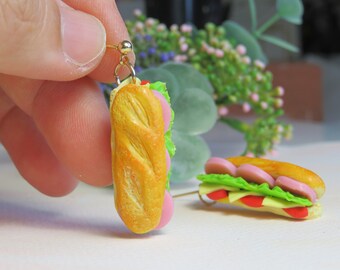 Ham Baguette Dangle Earrings. Ham and Cheese Croissant Earrings. Handmade Polymer Clay. Cute gift for food lovers.