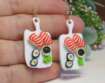 Sushi Platter Dangle Earrings. Handmade Polymer Clay. Cute gift for food lovers.