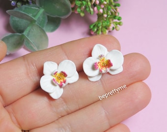 White Orchid Flower Stud Earrings. Orchid Studs. Plant Jewellery.Polymer Clay Jewelry. Beautiful gift for gardeners/ plant collectors