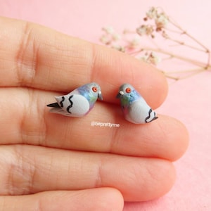 Little Rock Pigeon Stud Earrings. Handmade Wearable Art Polymer clay. Stainless Steel Studs. Wonderful gift for bird fans.