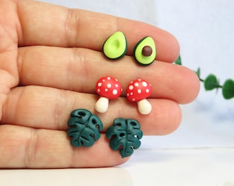Monstera Leaf/ Mushroom/ Avocado Stud Earrings.Monstera Deliciosa.Swiss Cheese Plant.Plant Jewellery.Polymer Clay.Cute gift for Gardeners