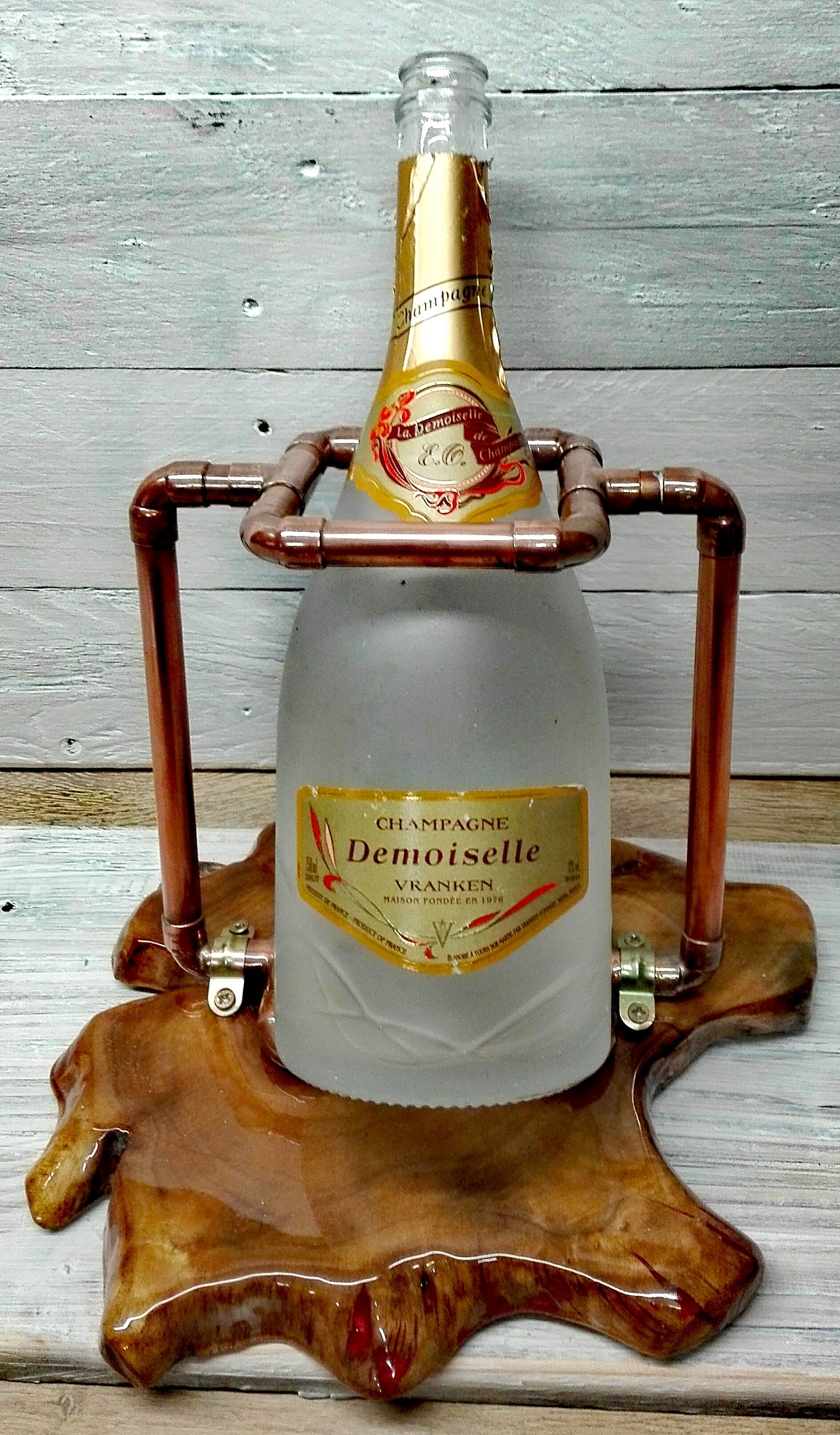 Présentoir en Cuivre et Teck Pour Bouteille de Champagne ou Vin