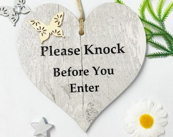 Please Knock Before You Enter Privacy Door Wooden Plaque Heart Sign