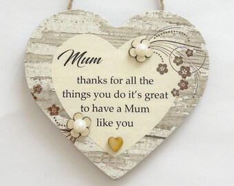 Gorgeous Thank You Mum Appreciation Wooden gift Heart