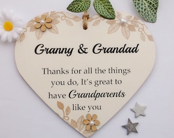 Granny and Grandad Thank you Wooden Gift Heart 17cm x 15cm. Perfect for any occasion birthdays Anniversaries and Thank you Gifts