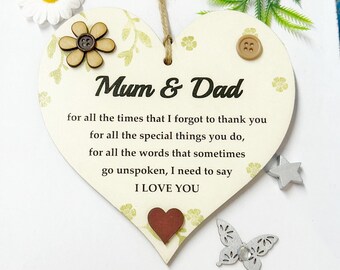 Mum & Dad Family Celebration/ Anniversary/Welcome Home Wooden Gift  Heart Plaque