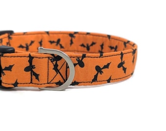 Halloween Bat Dog Collar, Code Orange, Cotton Fabric, Spooky Season