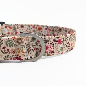 May include: A beige dog collar with a floral pattern featuring red, orange, and brown flowers. The collar has a silver metal buckle.