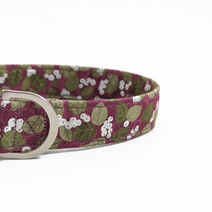 May include: A burgundy dog collar with a white and green floral pattern. The collar has a silver buckle.