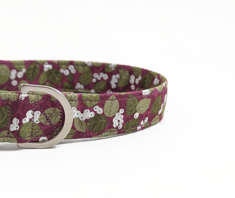 May include: A burgundy dog collar with a white and green floral pattern. The collar has a silver buckle.