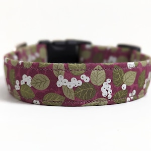 May include: A burgundy dog collar with a white and green floral pattern featuring leaves and berries.