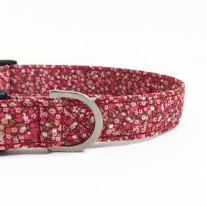May include: A pet collar featuring a dense floral pattern with small red, pink, and white blossoms on a dark red background. The collar includes a black plastic side-release buckle and a silver-toned metal D-ring for attaching a lead or tags.