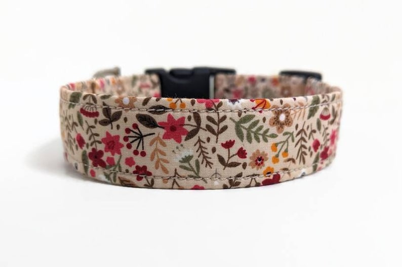 May include: A beige dog collar with a floral pattern featuring red, orange, and green flowers. The collar has a black plastic buckle.