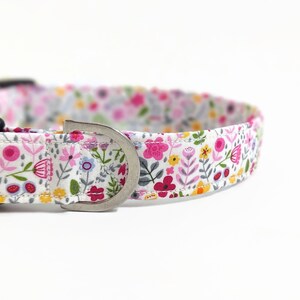 May include: A white dog collar with a floral print featuring pink, yellow, and green flowers. The collar has a black buckle and a silver D-ring.