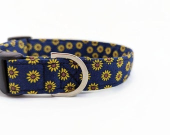 Sunflower Dog Collar, Blue Floral Cotton Fabric Collar