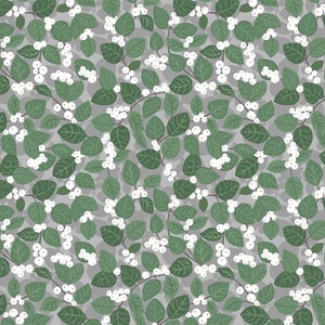 May include: A seamless pattern featuring white berries and green leaves on a gray background. The pattern is perfect for fabric, wallpaper, or wrapping paper.