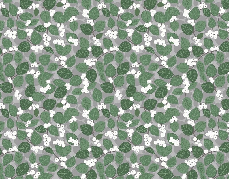 May include: A seamless pattern featuring white berries and green leaves on a gray background. The pattern is perfect for fabric, wallpaper, or wrapping paper.