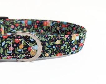Floral Cotton Dog Collar | Navy Flower Market Design | Flower Dog Lead