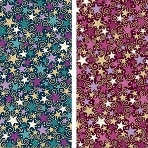May include: Two seamless patterns featuring a repeating design of stars and swirls. The pattern on the left is on a dark blue background with teal, purple, white, and gold stars. The pattern on the right is on a burgundy background with pink, purple, white, and gold stars.