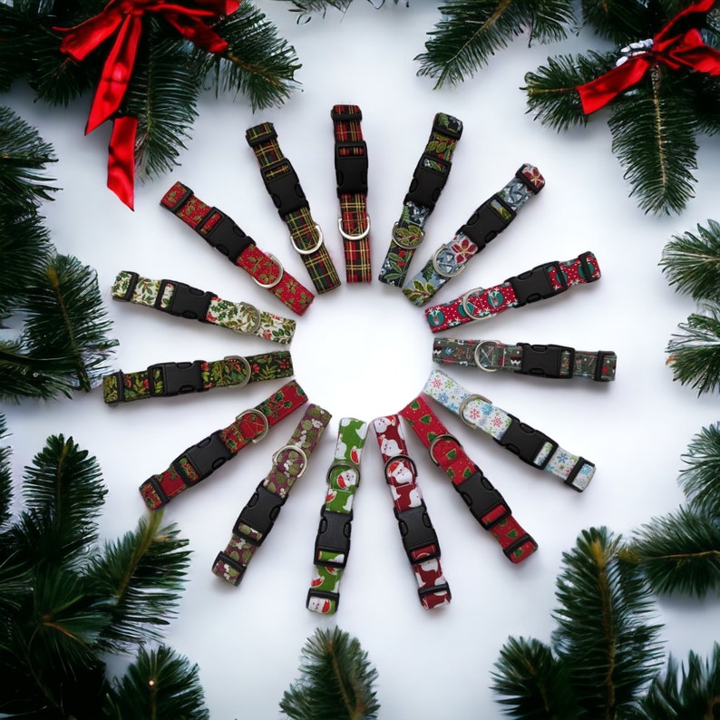 May include: A collection of 12 festive dog collars with various Christmas-themed patterns, including Santa, reindeer, snowflakes, and plaid. The collars are arranged in a circle on a white background.