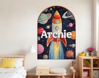 Personalized Space Rocket Nursery Wall Decal | Boys Room Name Decal Arch