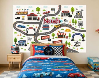 Personalized Race Track Wall Decal | Custom Name Raceway | Car Bedroom Decor, Racing Theme