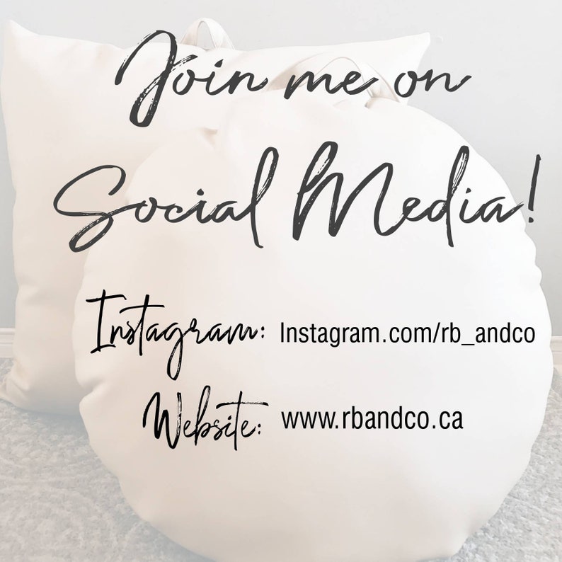 Puede incluir: Dos pufs blancos con el texto "Join me on Social Media!" y las cuentas de redes sociales "Instagram: instagram.com/rb_andco" y "Website: www.rbandoco.ca"