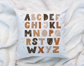 Oreiller alphabet neutre pour enfants | Coussin Coussin d'apprentissage 16x16 | Cadeau de baby shower de pépinière | Couverture + remplissage