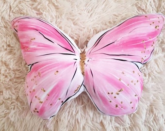 Pink Gold Butterfly Pillow, Kids Room Decor, Teen Room Decor, Butterfly Gift, Wall Decor