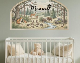 Sticker nom personnalisé arche, décoration murale pour chambre d'animaux de la forêt, sticker mural forêt, décoration de chambre d'enfant