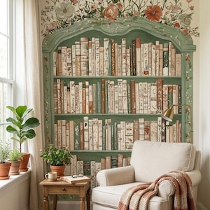 May include: A wall mural featuring a sage green bookshelf filled with various books, topped with painted floral illustrations. A beige upholstered armchair with a textured rust-coloured throw blanket sits in front of the mural next to a wooden side table.