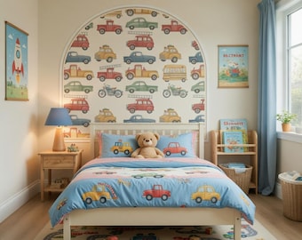 Vintage Trucks and Cars Arch Wall Mural | Transportation Wallpaper Panel | Removable Kids Bedroom Decor