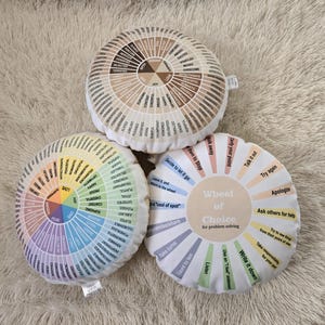 Peut inclure: Trois coussins ronds en tissu blanc avec des roues color&eacute;es imprim&eacute;es dessus. Les roues pr&eacute;sentent diff&eacute;rentes options de r&eacute;solution de probl&egrave;mes, telles que "Parlez-en", "R&eacute;essayez", "Excusez-moi", "Demandez de l'aide", "&Eacute;crivez-le", et "Utilisez une phrase "Je me sens"".