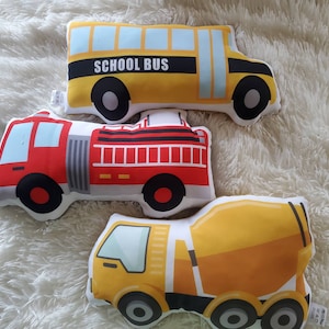 Firetruck Pillow, Schoolbus Pillow, Construction Truck Pillow, Garbage truck Decorative Pillow, Kids Room Decor, Boys Decor