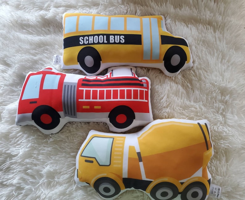 Firetruck Pillow, Schoolbus Pillow, Construction Truck Pillow, Garbage truck Decorative Pillow, Kids Room Decor, Boys Decor image 1