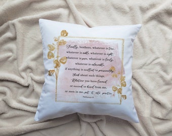 Oreiller d'écriture chrétienne, oreiller de citation de Phil 4: 8, coussin décoratif, oreiller d'appoint