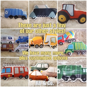 May include: A collection of colorful, plush toy vehicles, including a fire truck, a garbage truck, a cement mixer, a tractor, a car, and a delivery truck. The text "These are just a few of our other styles! We have many more, plus customized options" is displayed on the image. The text "RB & Co." is also displayed on the image.