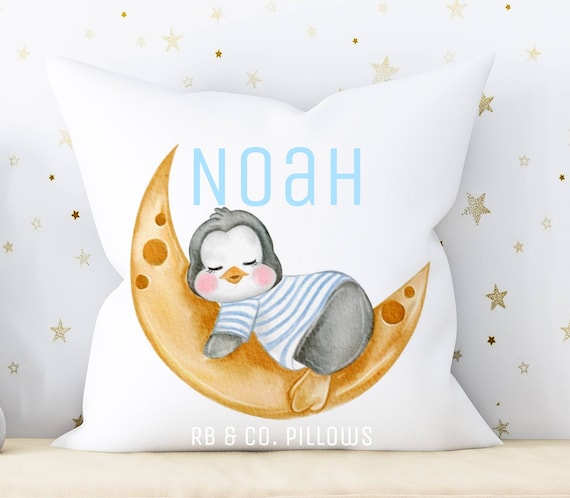 Penguin Pillow Personalized Baby Nursery Room Decor Includes Pillow Cover and Insert 16x16 Your Child s Name Cushion Etsy