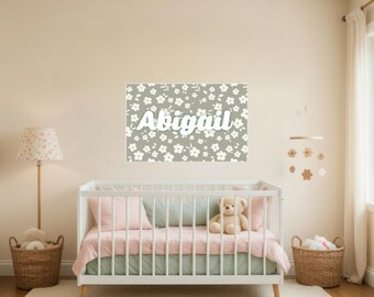 Personalized Olive Sage Green Floral Name Banner Decal | Custom Nursery Wall Art Sign