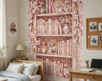 Cherry Blossom Bookshelf Mural | Pink Floral Wall Decal | Reading Nook Wallpaper, Library Mural