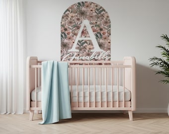 Personalized Floral Initial Arch Wall Decal | Girls Nursery Name Decal