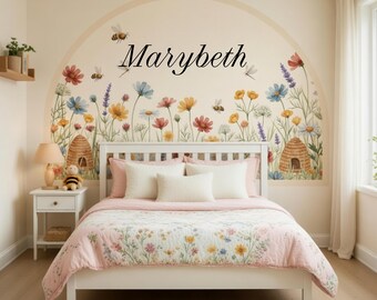 Sticker nom personnalisé arche, sticker mural fleurs sauvages pour chambre d'enfant, décoration murale tête de lit botanique, décoration chambre d'enfant
