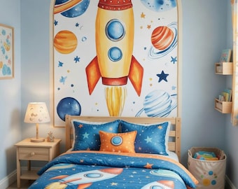 Space Rocket Arch Wall Mural, Watercolor Planets Wallpaper, Removable Kids Headboard Decor